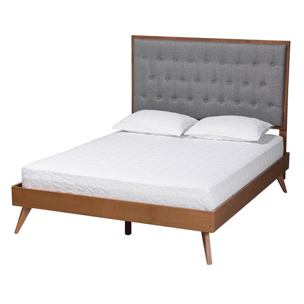 baxton studio Baxton Studio Dericia Classic and Traditional Grey Fabric and Walnut Brown Finished Wood King Size Platform Bed