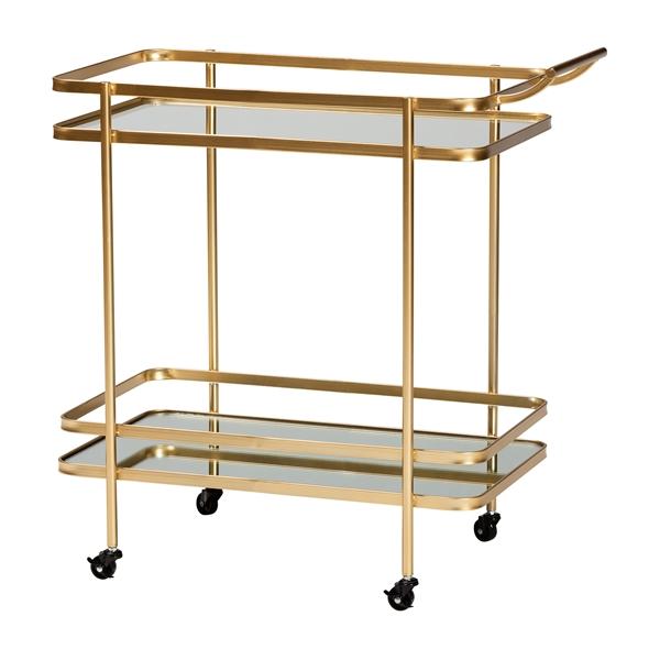 baxton studio Baxton Studio Destin Modern and Contemporary Glam Brushed Gold Finished Metal and Mirrored Glass 2-Tier Mobile Wine Bar Cart