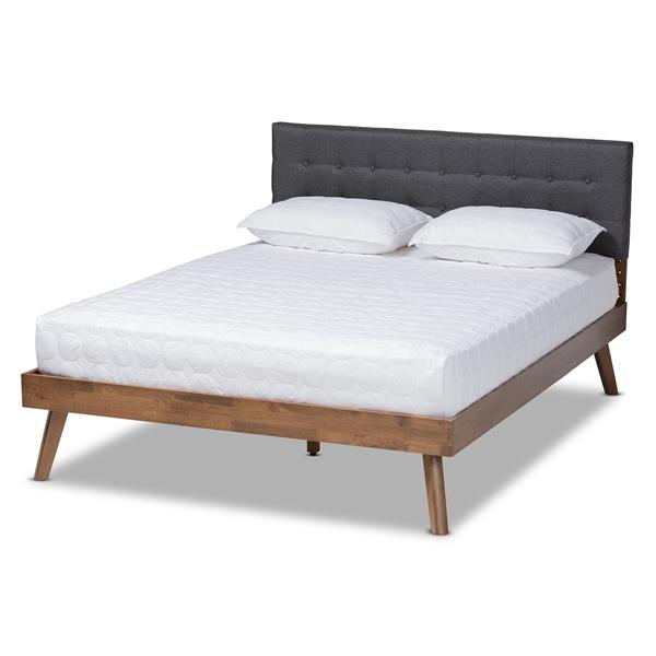 baxton studio Baxton Studio Devan Mid-Century Modern Dark Grey Fabric Upholstered Walnut Brown Finished Wood Queen Size Platform Bed