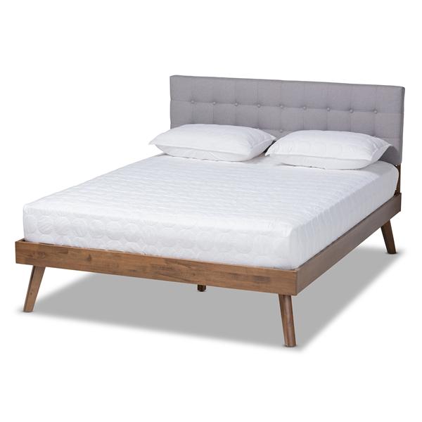 baxton studio Baxton Studio Devan Mid-Century Modern Light Grey Fabric Upholstered Walnut Brown Finished Wood Queen Size Platform Bed