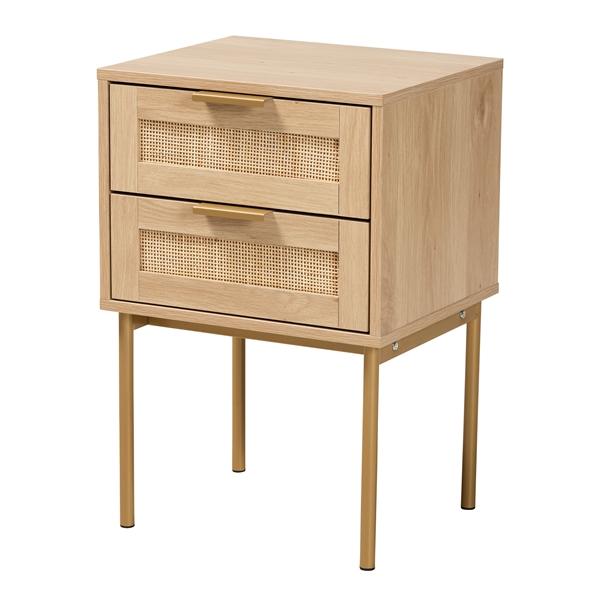 baxton studio Baxton Studio Dewitt Japandi Light Brown Finished Wood and Gold Metal 2-Drawer End Table