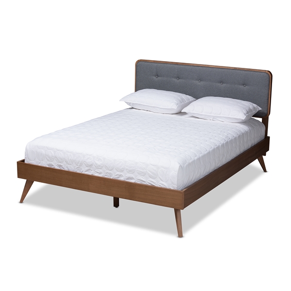 baxton studio Baxton Studio Dilara Mid-Century Modern Dark Grey Fabric Upholstered Walnut Brown Finished Wood Queen Size Platform Bed