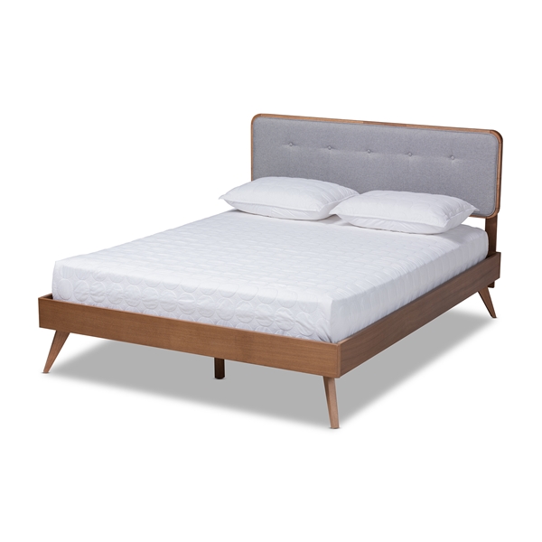 baxton studio Baxton Studio Dilara Mid-Century Modern Light Grey Fabric Upholstered Walnut Brown Finished Wood Queen Size Platform Bed