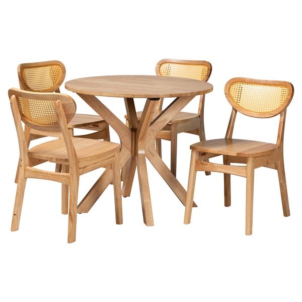 baxton studio Baxton Studio Donato Mid-Century Modern Oak Brown Finished Wood and Rattan 5-Piece Dining Set