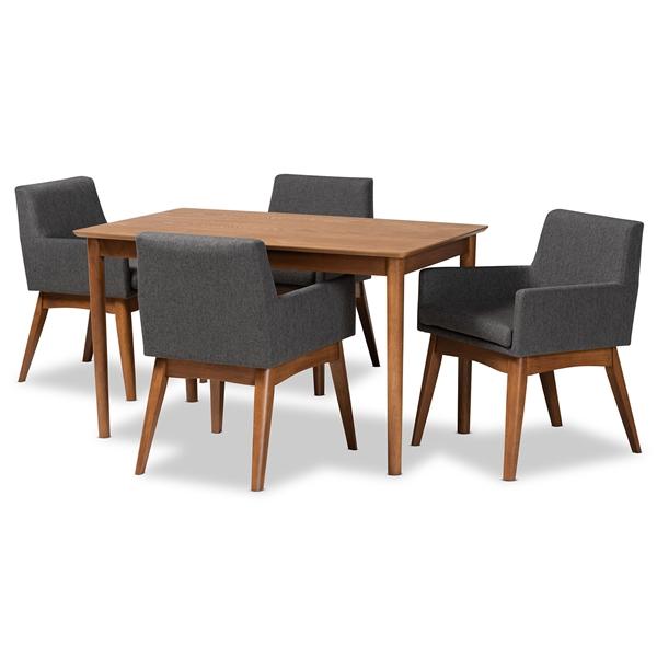 baxton studio Baxton Studio Dorina Mid-Century Modern Dark Grey Fabric Upholstered and Walnut Brown Finished Wood 5-Piece Dining Set