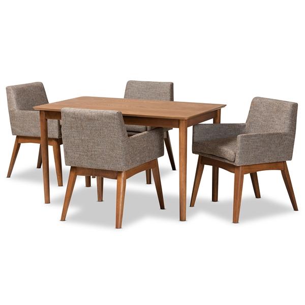 baxton studio Baxton Studio Dorina Mid-Century Modern Gravel Fabric Upholstered and Walnut Brown Finished Wood 5-Piece Dining Set