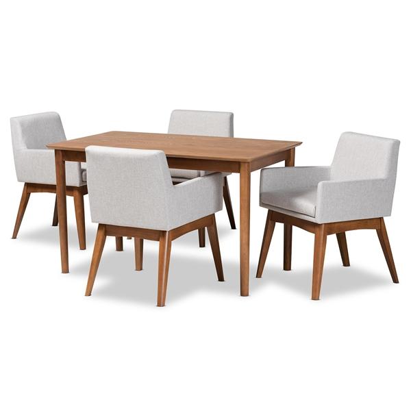 baxton studio Baxton Studio Dorina Mid-Century Modern Greyish Beige Fabric Upholstered and Walnut Brown Finished Wood 5-Piece Dining Set