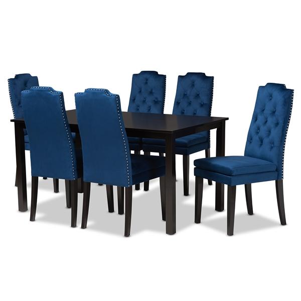 baxton studio Baxton Studio Dylin Modern and Contemporary Navy Blue Velvet Fabric Upholstered and Dark Brown Finished Wood 7-Piece Dining Set