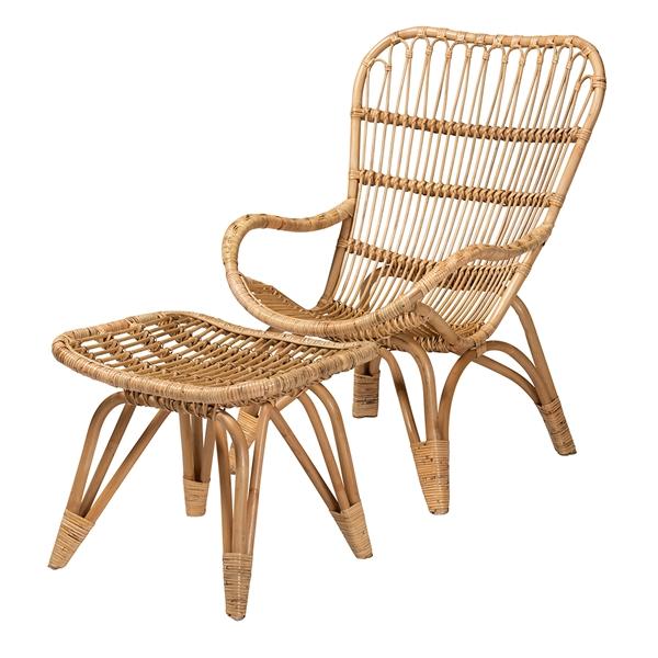 baxton studio Baxton Studio Earvin Modern Bohemian Natural Brown Rattan 2-Piece Armchair and Footstool Set