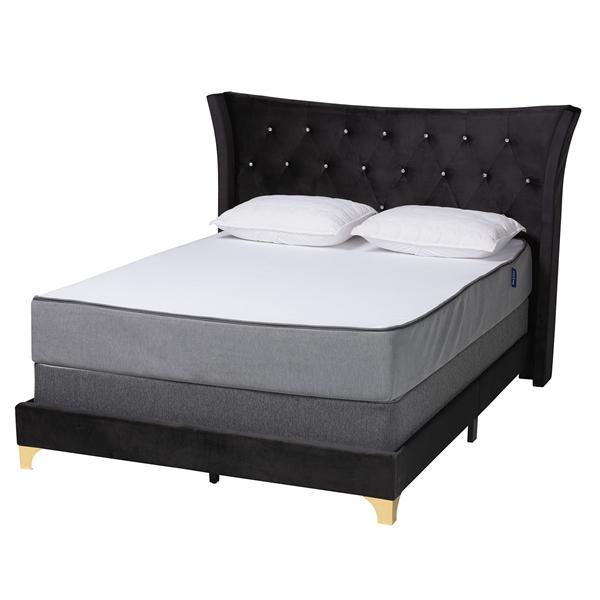 baxton studio Baxton Studio Easton Contemporary Glam and Luxe Black Velvet and Gold Metal Queen Size Panel Bed