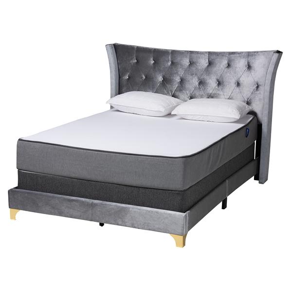 baxton studio Baxton Studio Easton Contemporary Glam and Luxe Grey Velvet and Gold Metal Queen Size Panel Bed