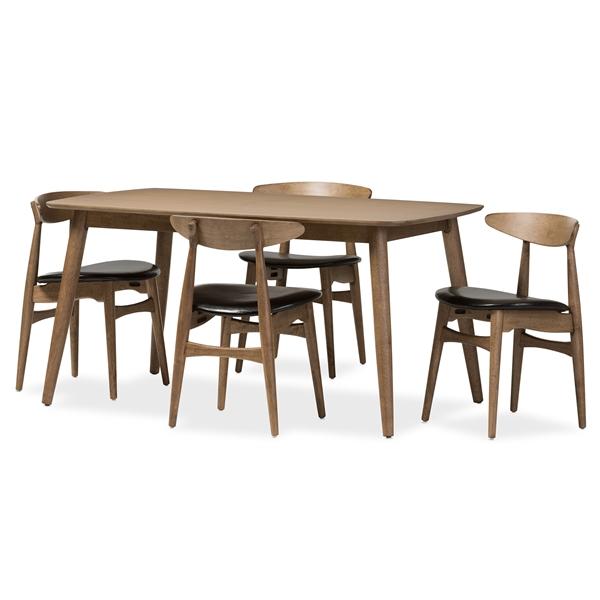 baxton studio Baxton Studio Edna Mid-Century Modern French Black Faux Leather and "Oak" Light Brown Finishing Wood 5-Peice Dining Set