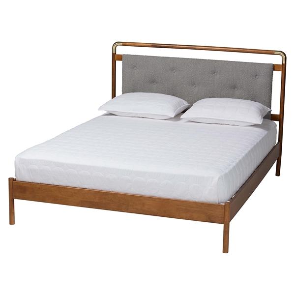 baxton studio Baxton Studio Edwina Mid-Century Light Grey Boucle Fabric and Walnut Brown Wood Queen Size Platform Bed