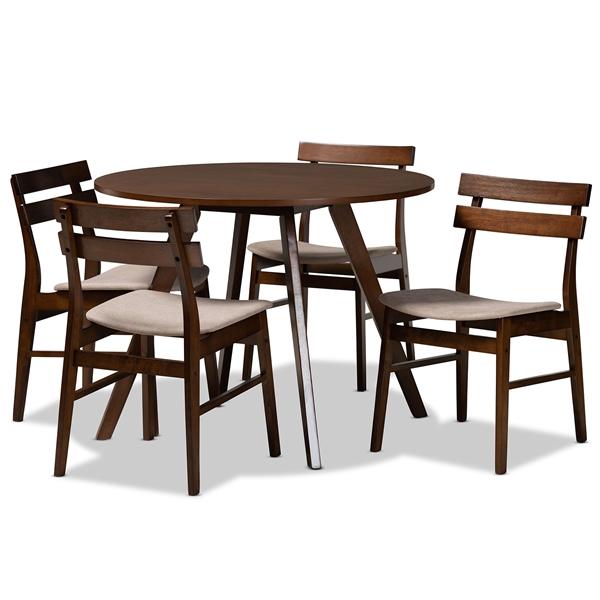baxton studio Baxton Studio Eiko Mid-Century Modern Transitional Light Beige Fabric Upholstered and Walnut Brown Finished Wood 5-Piece Dining Set