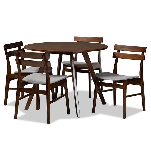 baxton studio Baxton Studio Eiko Mid-Century Modern Transitional Light Grey Fabric Upholstered and Walnut Brown Finished Wood 5-Piece Dining Set