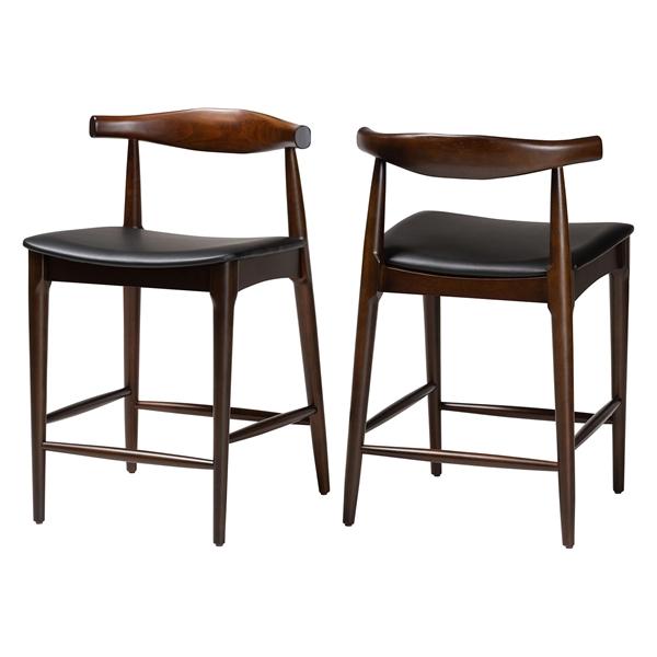 baxton studio Baxton Studio Eira Counter Stool Set of 2- Walnut Wood Frame Counter-height Chair with Curved Backrest and Black Faux Leather Seat Mid-Century Modern Kitchen Island Seating