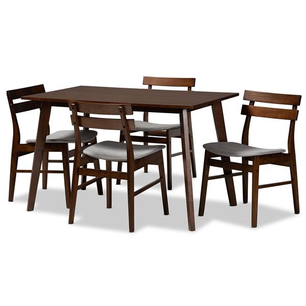baxton studio Baxton Studio Eleri Mid-Century Modern Transitional Light Grey Fabric Upholstered and Walnut Brown Finished Wood 5-Piece Dining Set