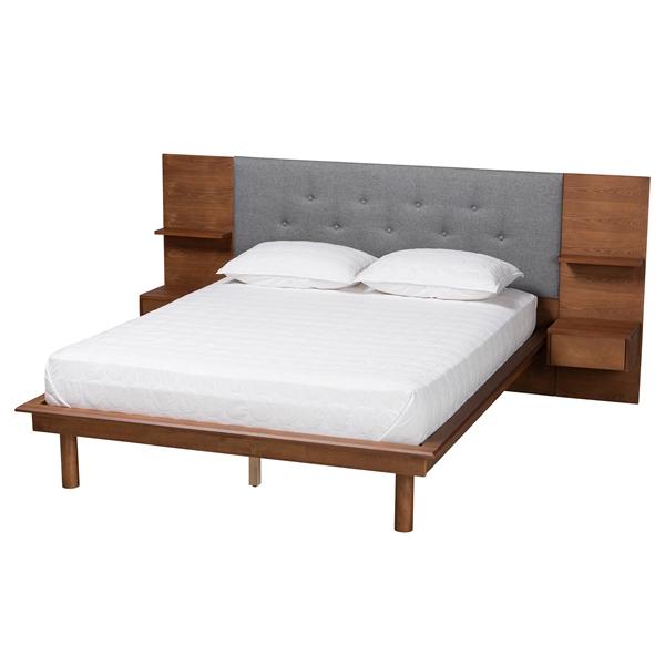 baxton studio Baxton Studio Eliana Mid-Century Modern Transitional Grey Fabric and Ash Walnut Finished Wood King Size Platform Storage Bed with Built-In Nightstands