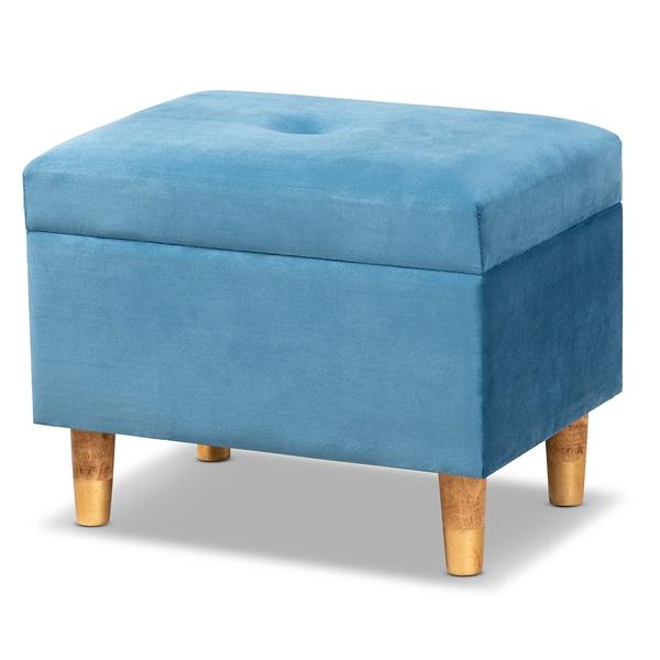 baxton studio Baxton Studio Elias Modern and Contemporary Sky Blue Velvet Fabric Upholstered and Oak Brown Finished Wood Storage Ottoman