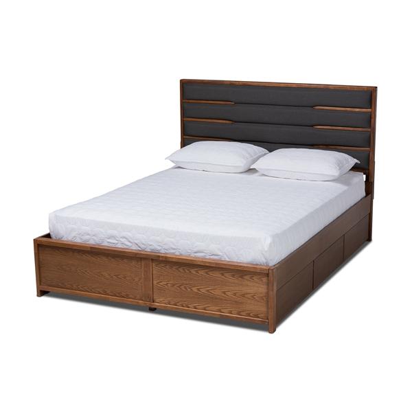baxton studio Baxton Studio Elin Modern and Contemporary Dark Grey Fabric Upholstered Walnut Finished Wood Queen Size Platform Storage Bed with Six Drawers