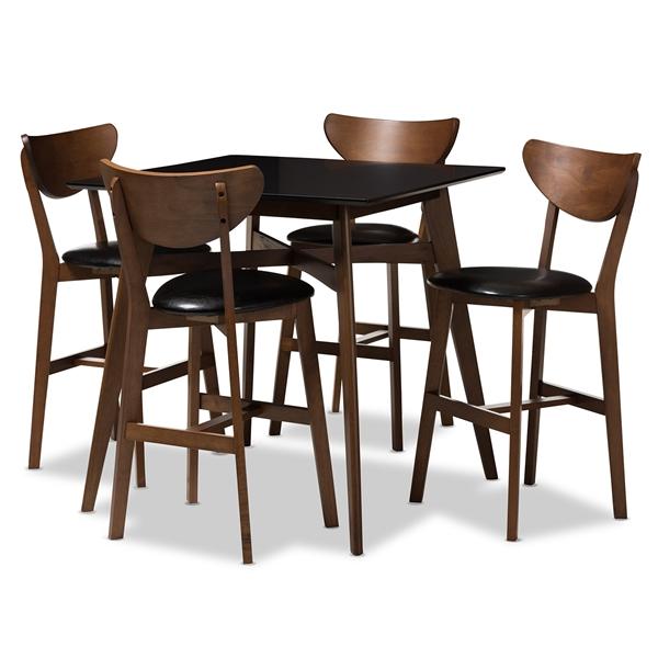 baxton studio Baxton Studio Eline Mid-Century Modern Black Faux Leather Upholstered Walnut Finished 5-Piece Pub Set