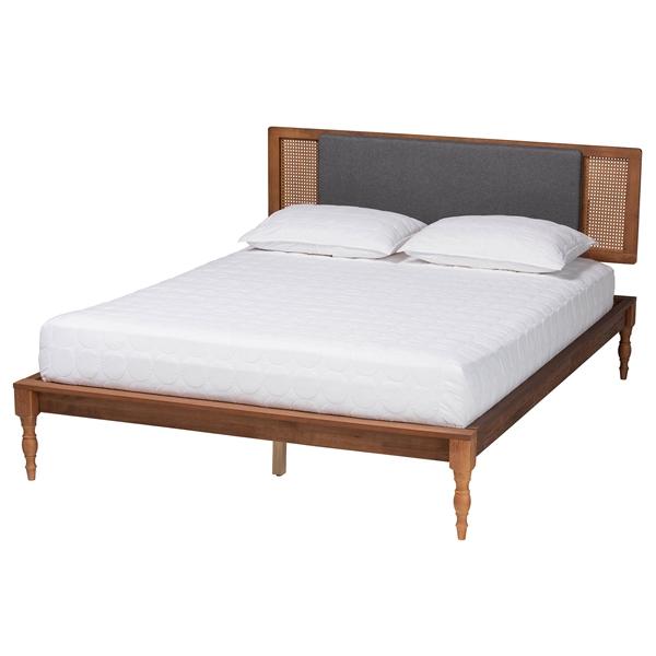 baxton studio Baxton Studio Eliseo Mid-Century Modern Dark Grey Fabric and Walnut Brown Finished Wood Queen Size Platform Bed