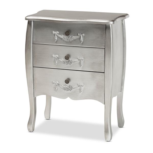 baxton studio Baxton Studio Eliya Classic and Traditional Brushed Silver Finished Wood 3-Drawer Storage Cabinet