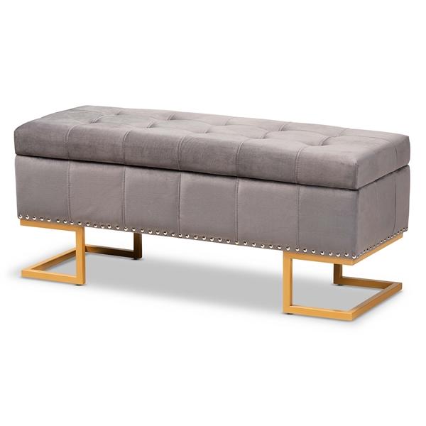 baxton studio Baxton Studio Ellery Luxe and Glam Grey Velvet Fabric Upholstered and Gold Finished Metal Storage Ottoman