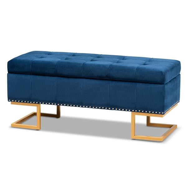 baxton studio Baxton Studio Ellery Luxe and Glam Navy Blue Velvet Fabric Upholstered and Gold Finished Metal Storage Ottoman