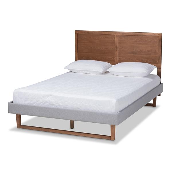 baxton studio Baxton Studio Eloise Rustic Modern Light Grey Fabric Upholstered and Ash Walnut Brown Finished Wood Queen Size Platform Bed