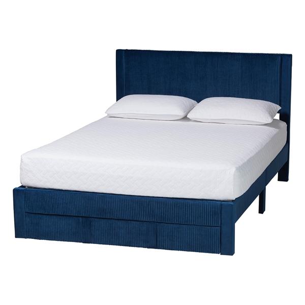 baxton studio Baxton Studio Elora Modern Navy Blue Pleated Velvet Queen Size Storage Bed