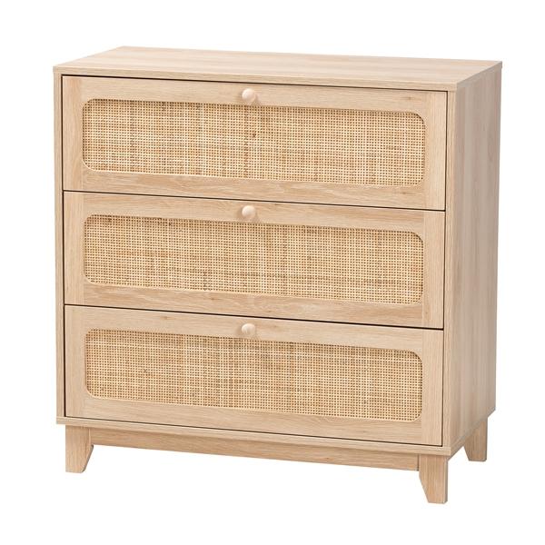 baxton studio Baxton Studio Elsbeth Japandi Oak Brown Finished Wood and Natural Rattan 3-Drawer Storage Cabinet