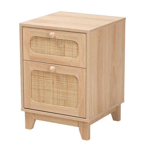 baxton studio Baxton Studio Elsbeth Mid-Century Modern Light Brown Finished Wood and Natural Rattan 1-Drawer End Table