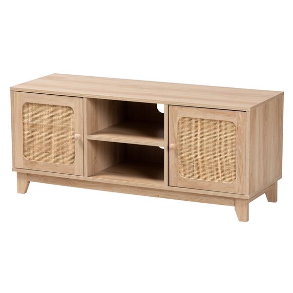 baxton studio Baxton Studio Elsbeth Mid-Century Modern Light Brown Finished Wood and Natural Rattan 2-Door TV Stand