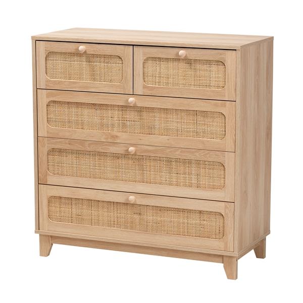 baxton studio Baxton Studio Elsbeth Mid-Century Modern Oak Brown Finished Wood and Natural Rattan 5-Drawer Storage Cabinet