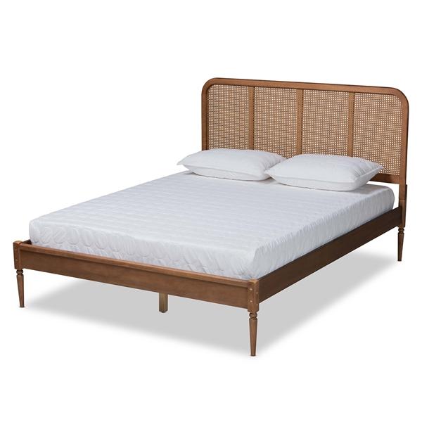 baxton studio Baxton Studio Elston Mid-Century Modern Walnut Brown Finished Wood and Synthetic Rattan Queen Size Platform Bed