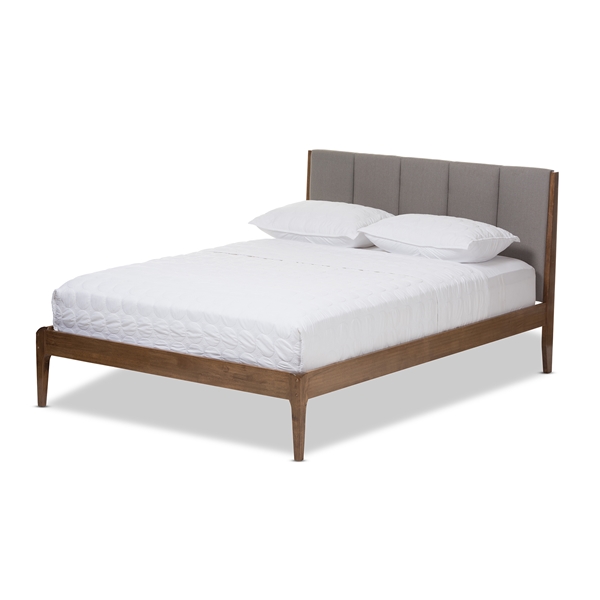 baxton studio Baxton Studio Ember Mid-Century Light Grey Fabric and Medium Brown Finish Wood Queen Size Platform Bed