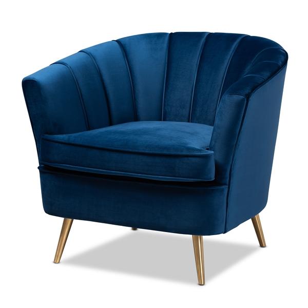 baxton studio Baxton Studio Emeline Glam and Luxe Navy Blue Velvet Fabric Upholstered Brushed Gold Finished Accent Chair