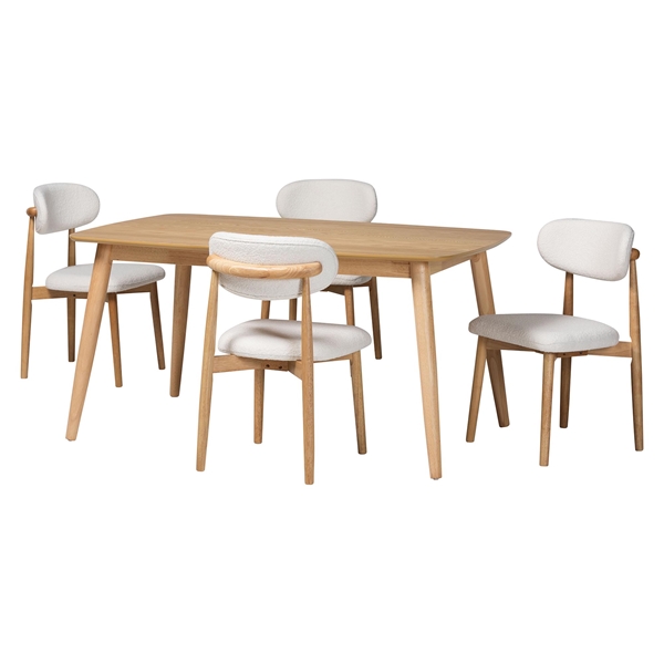 baxton studio Baxton Studio Emily 5-Piece Dining Set - Solid Wood Rectangular Table with Boucle Upholstered Chairs Mid-Century Modern Dining Furniture for Kitchen or Dining Room Natural and White