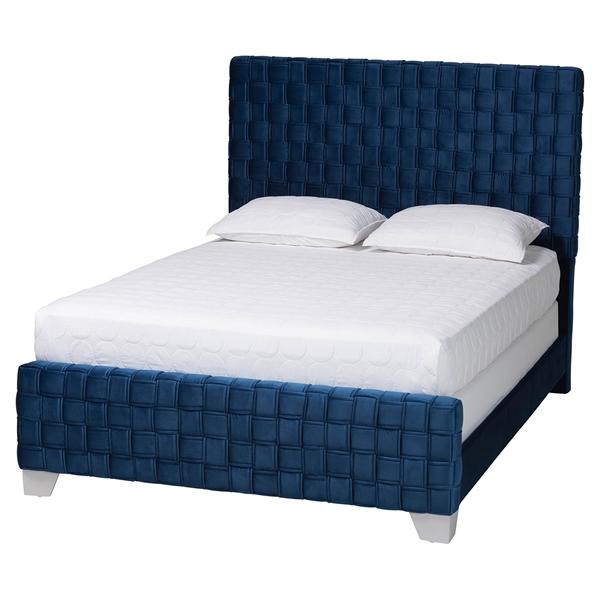 baxton studio Baxton Studio Emlyn Glam and Luxe Navy Blue Velvet Fabric Queen Size Panel Bed