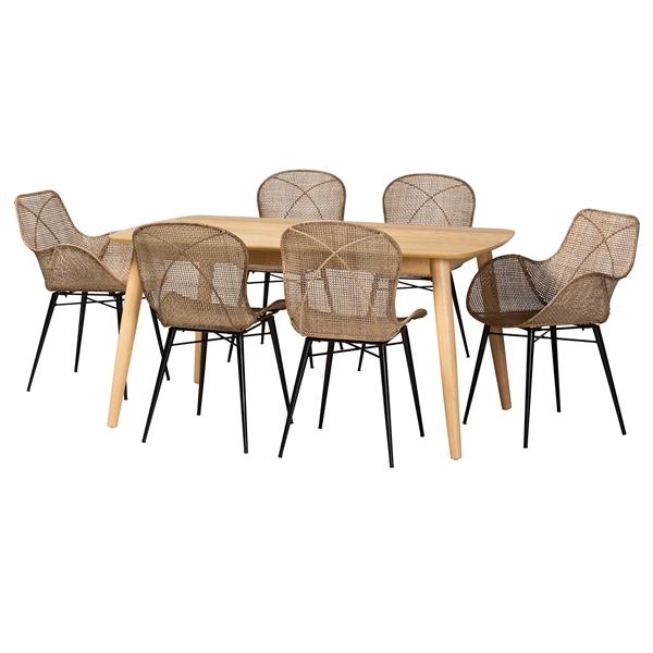 baxton studio Baxton Studio Emmali Modern Bohemian Greywashed Rattan and Natural Brown Finished Wood 7-Piece Dining Set