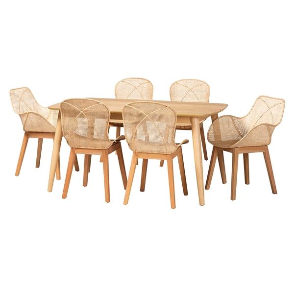 baxton studio Baxton Studio Emmali Modern Bohemian Natural Brown Finished Wood and Rattan 7-Piece Dining Set