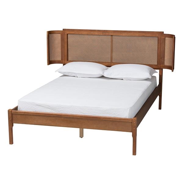 baxton studio Baxton Studio Eridian Mid-Century Modern Walnut Brown Finished Wood and Natural Rattan Full Size Platform Bed