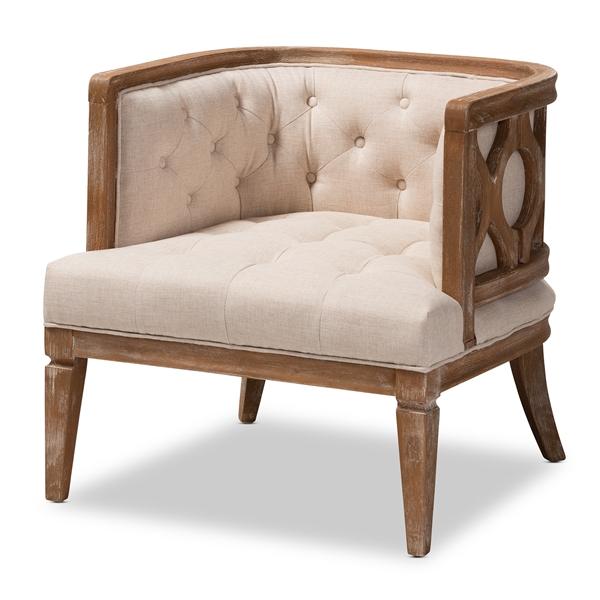 baxton studio Baxton Studio Esme French Provincial Beige Linen Fabric Upholstered and White-Washed Oak Wood Accent Barrel Chair