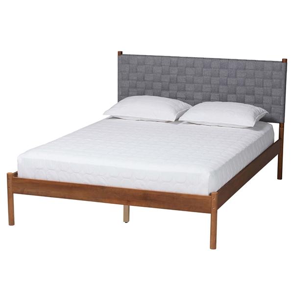 baxton studio Baxton Studio Estela Mid-Century Modern Grey Woven Fabric and Walnut Brown Wood Queen Size Platform Bed