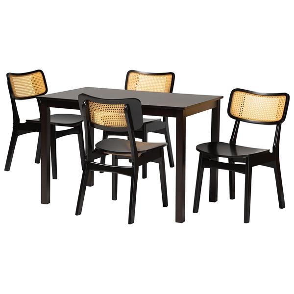 baxton studio Baxton Studio Estera Mid-Century Modern Dark Brown Finished Wood and Rattan 5-Piece Dining Set