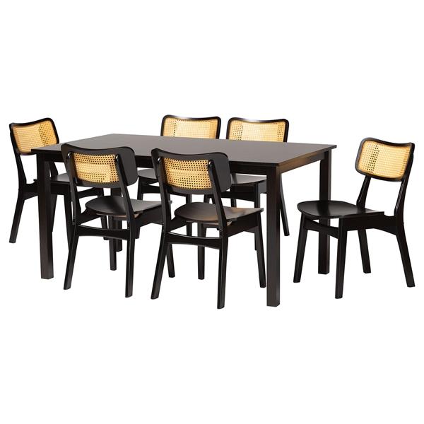 baxton studio Baxton Studio Estera Mid-Century Modern Dark Brown Finished Wood and Rattan 7-Piece Dining Set