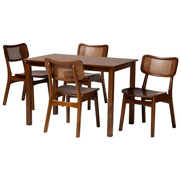 baxton studio Baxton Studio Estera Mid-Century Modern Walnut Brown Finished Wood and Rattan 5-Piece Dining Set
