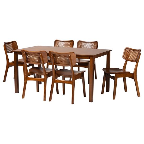 baxton studio Baxton Studio Estera Mid-Century Modern Walnut Brown Finished Wood and Rattan 7-Piece Dining Set
