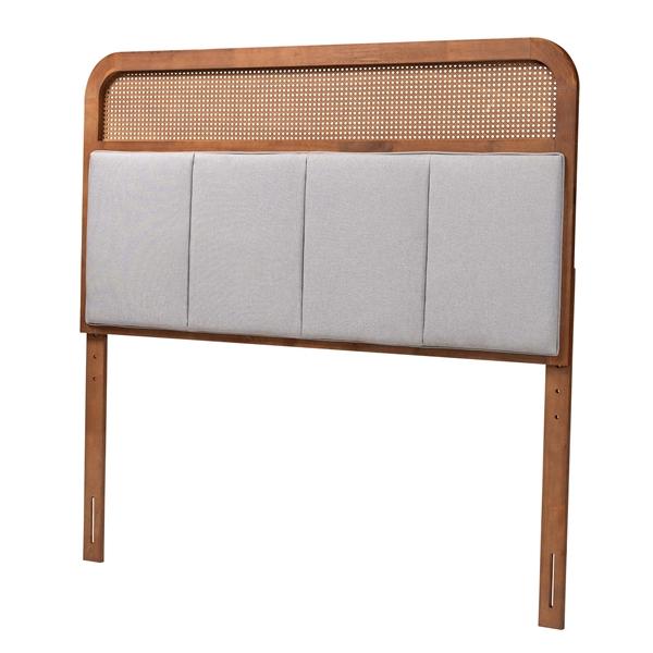 baxton studio Baxton Studio Esti Mid-Century Modern Light Grey Fabric and Ash Walnut Finished Wood King Size Headboard with Rattan